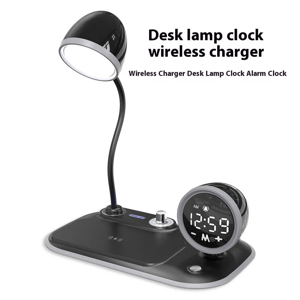 White three-in-one desk lamp with digital clock display, wireless charging pad top, and 49 LED light beads.