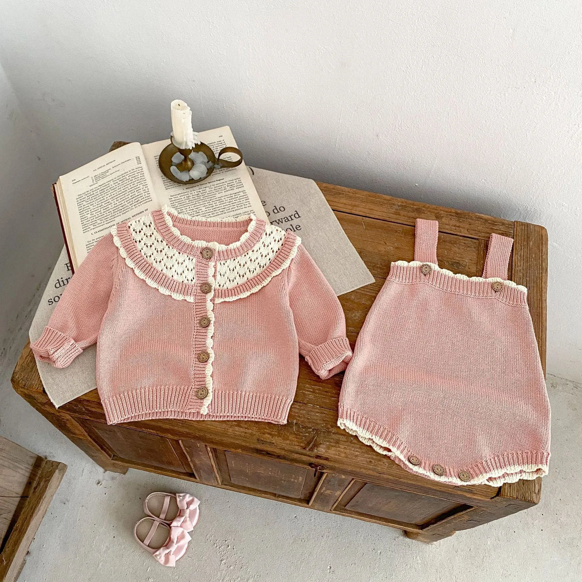 Baby girl cotton knitting suit contrast color sweater suspender romper in pearl powder for 66-100cm height