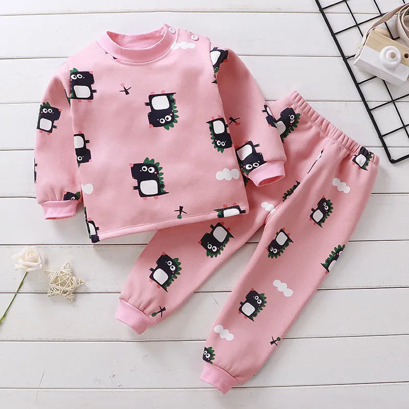 Children's thermal underwear set in coral fleece with cotton main fabric, thickened two-piece base layer in nine cartoon print colourways.