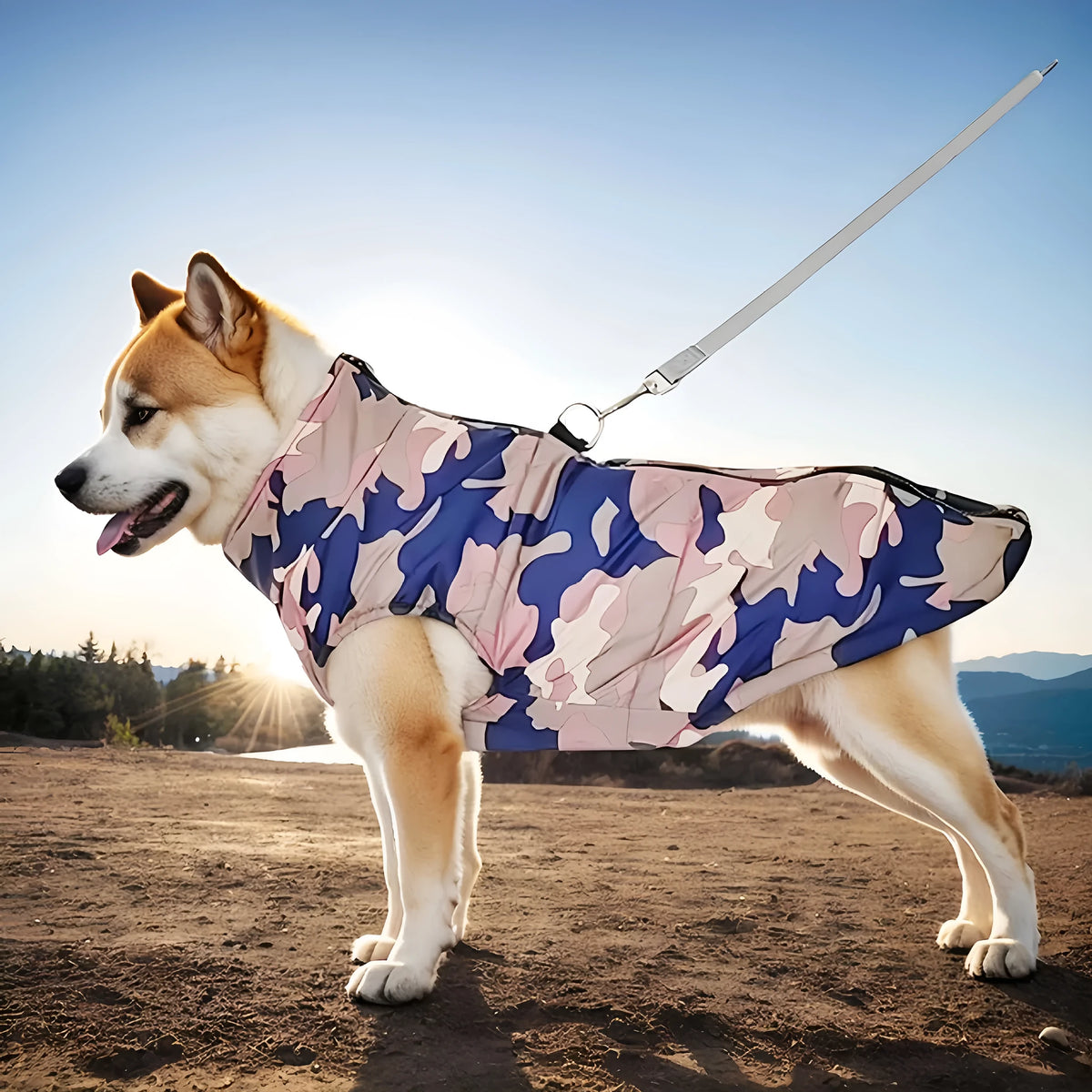Pet fleece zipper waterproof cotton-padded coat in dark blue, leopard print or camouflage, sizes S to 5XL.