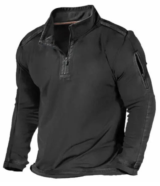 Men's grey zip-up stand collar long-sleeved sports sweater on a hanger.