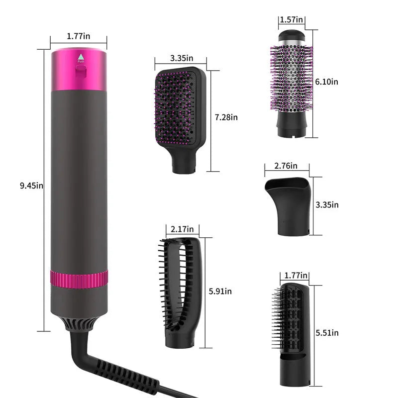 Dyson grey 5-in-1 hair dryer brush with multiple brush attachments for styling