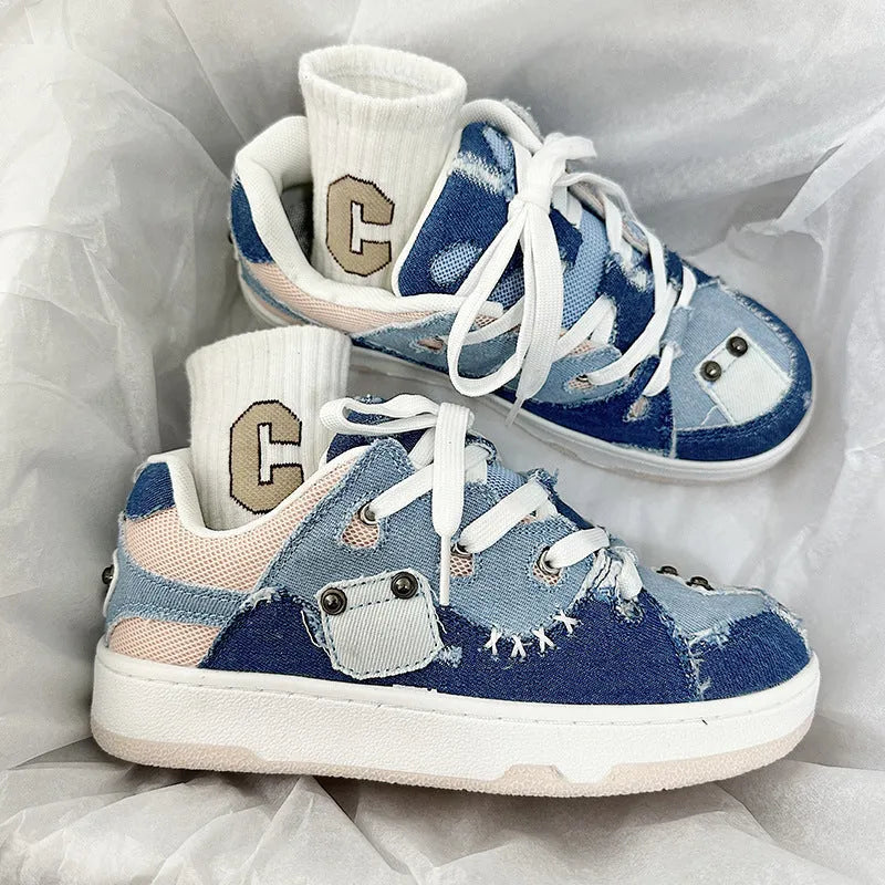 Canvas bread shoes in Denim Blue Pink colour, low top design with stitching details and PU sole