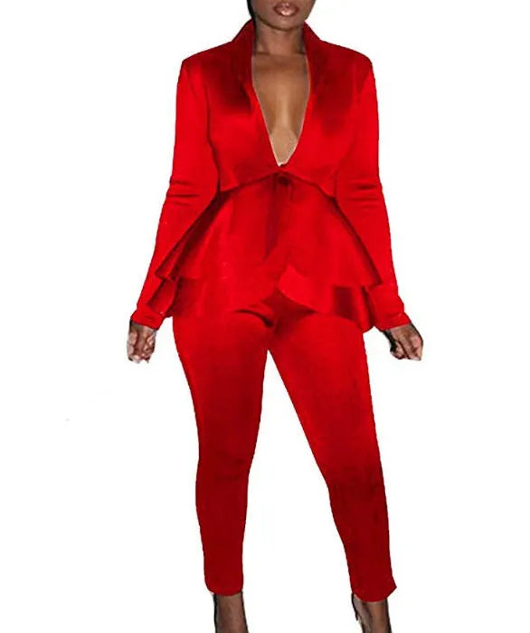 Women's white polyester business uniform set consisting of a shirt and pencil trousers on a hanger.