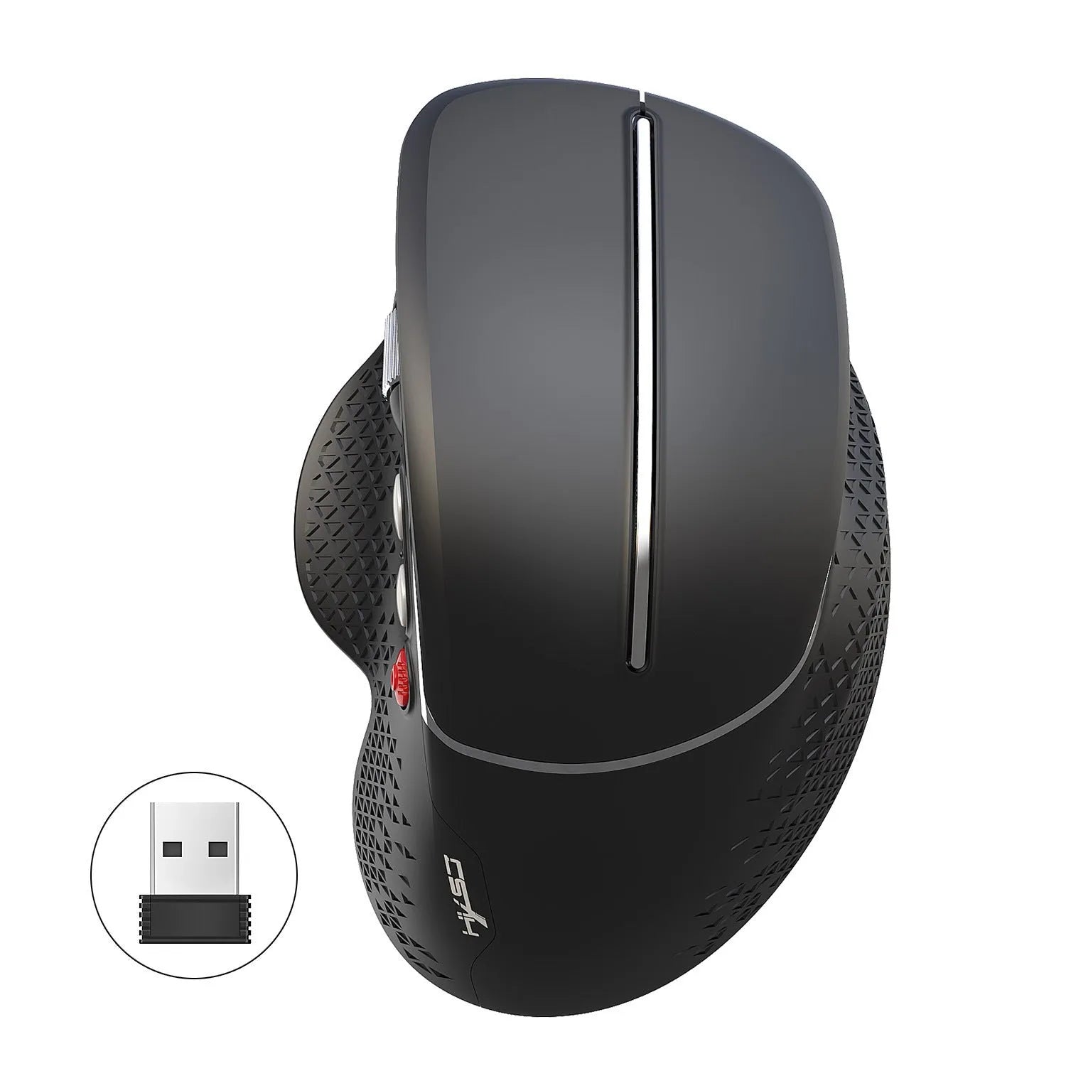 T32 wireless vertical ergonomic mouse in black matte finish showing aluminium side roller and six-button layout