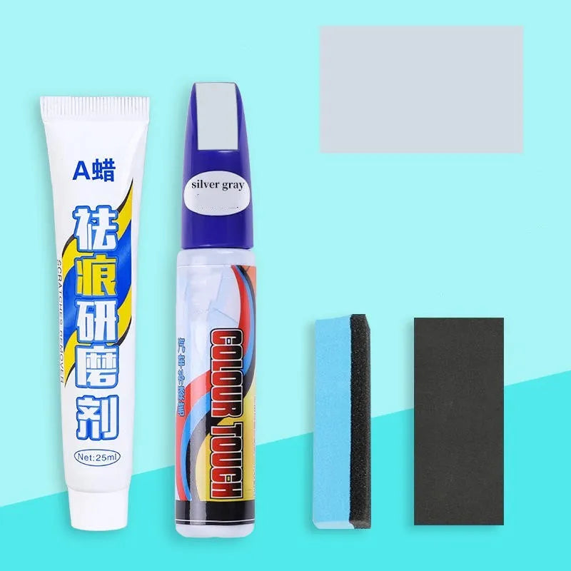 Automotive paint repair pen kit with scratch wax, paint pen, sponge, and sandpaper for car scratches