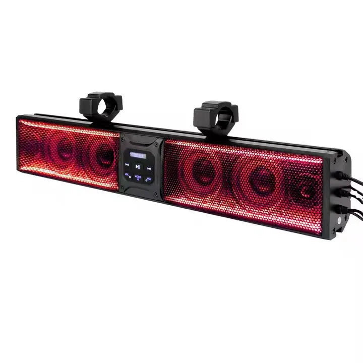 Personalised plastic Bluetooth speaker strip for mounting on a golf cart or ATV, showing speakers and connectivity ports.