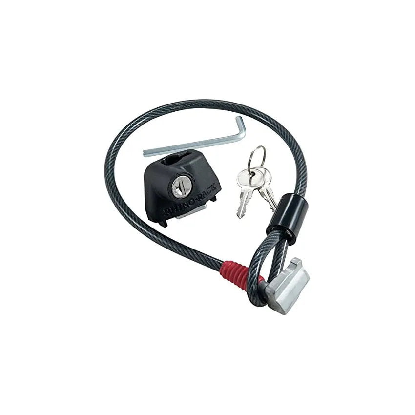 Plastic-sheathed steel cable lock for securing equipment on a vehicle roof platform.