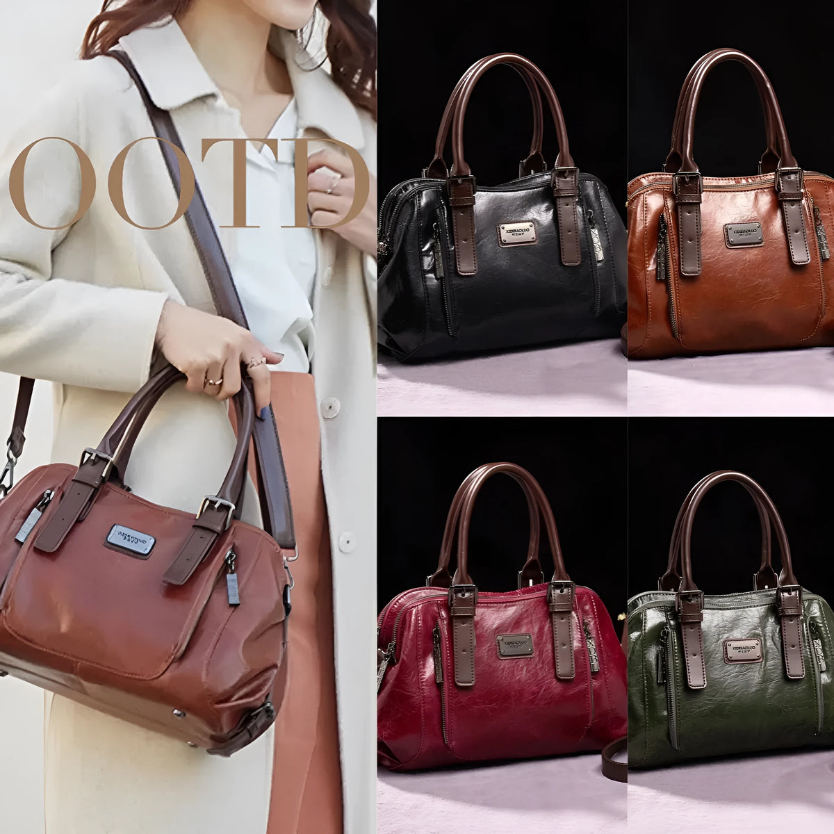 Women's PU leather crossbody shoulder bag with splicing design in black colour, 28x13x20cm