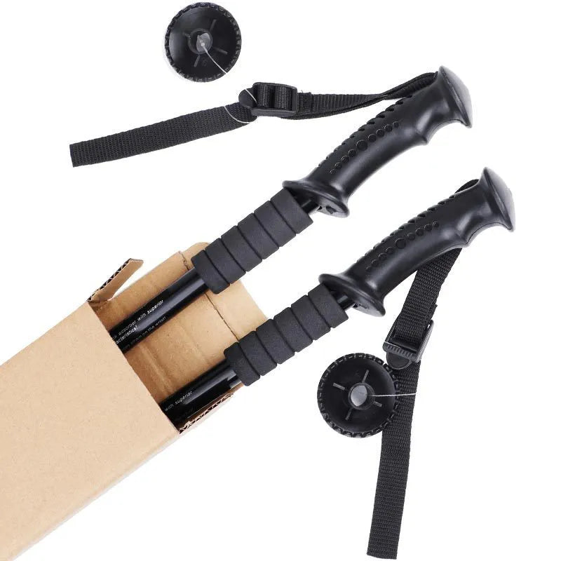 Aluminium alloy outdoor trekking poles with three straight handles and adjustable length, shown with snow holder attachments