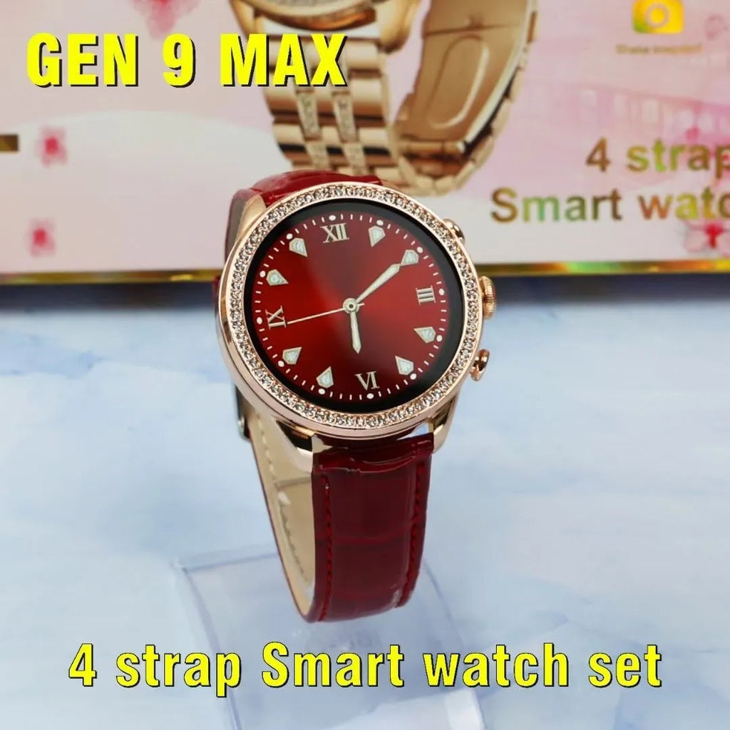 Women's GEN 9 MAX smart watch bracelet with TFT screen, touch button, four straps, and wireless charging cable