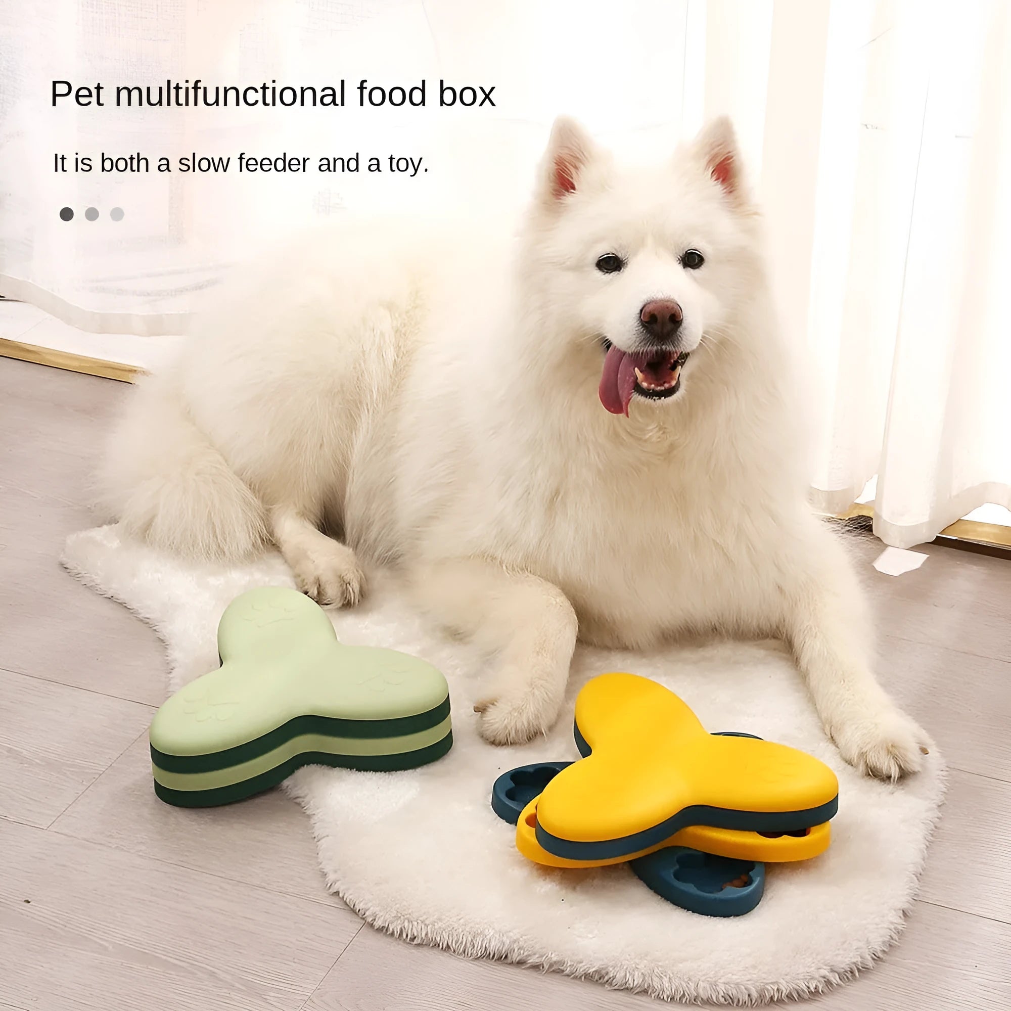 Green and yellow dog puzzle toy with bone covers and rotatable treat dispenser on non-slip base