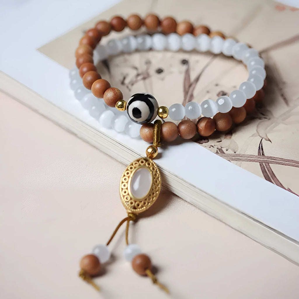 Women's sandalwood opal double ring bracelet with mixed materials and retro design