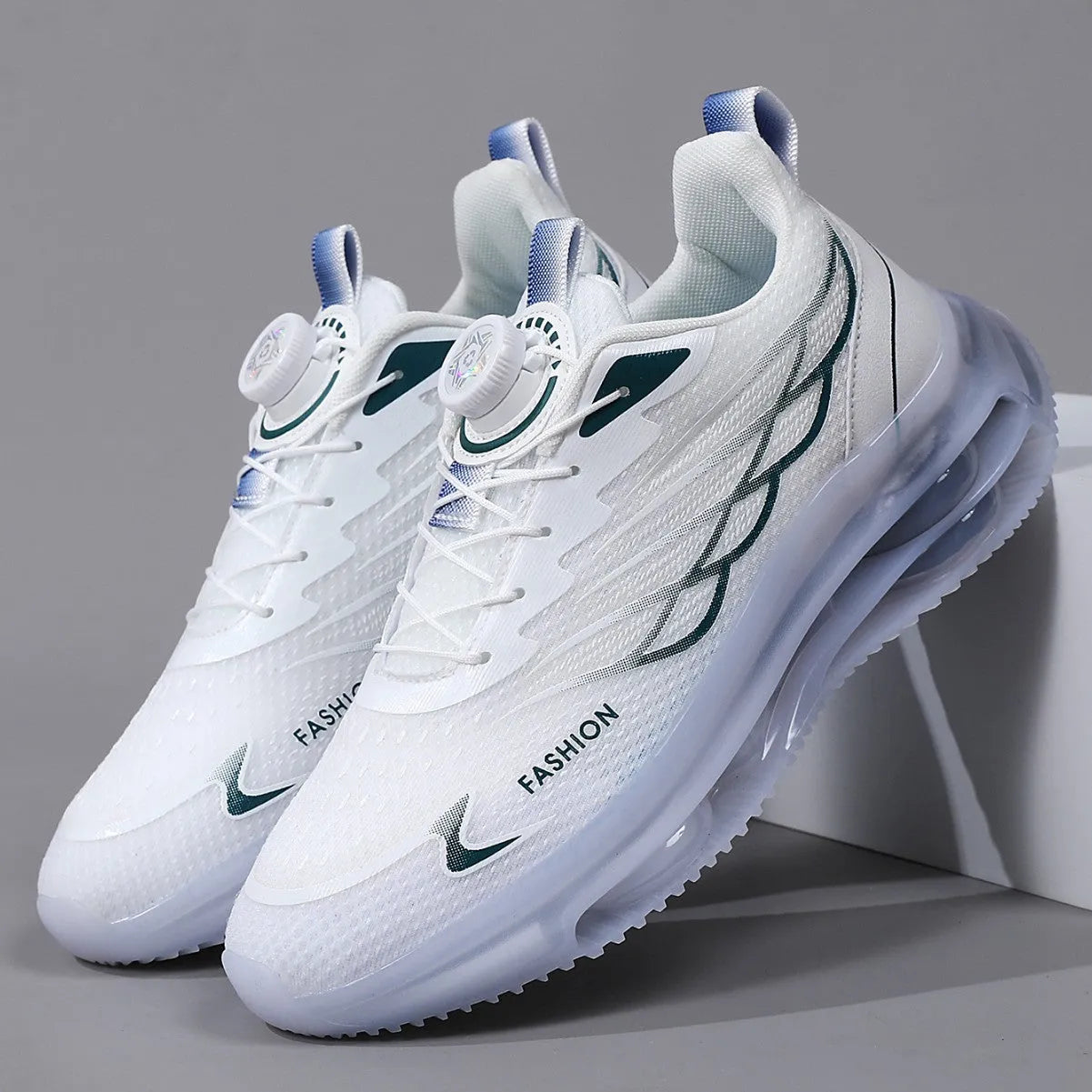 White Korean style men's casual trainers with rotating button lace-up closure and mesh upper
