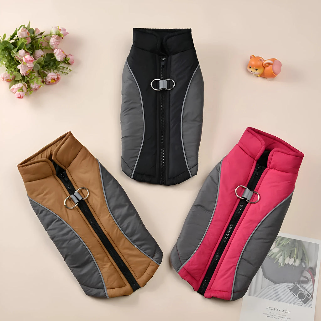 Reflective pet coat in polyester with contrast colour shell, available in four colours and sizes XS to 2XL.