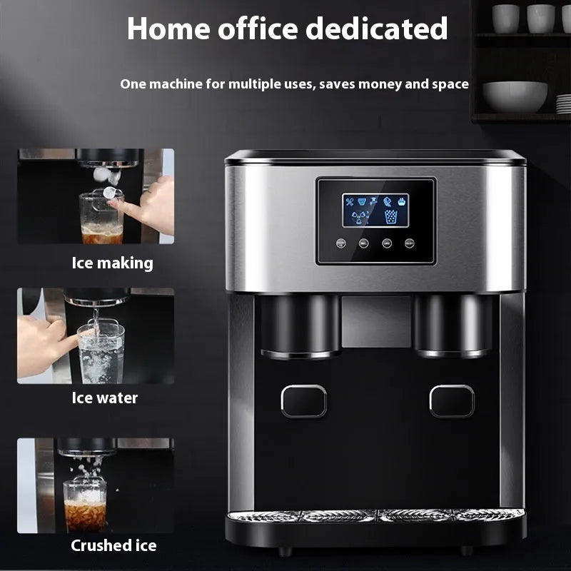 Black desktop ice maker with ice crushing and cold water functions on countertop