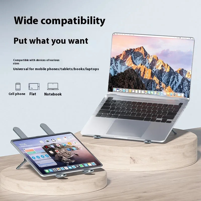 Silver aluminium laptop cooling stand with twin fans folded, next to its cloth storage bag and USB cable.