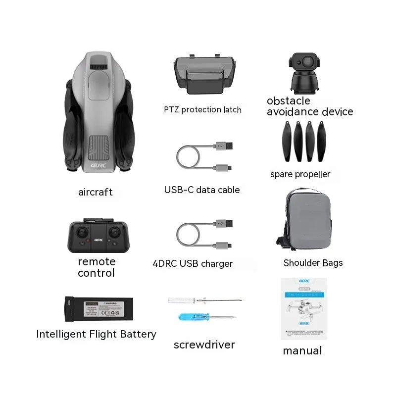 White foldable quadcopter drone with camera, remote control, flight batteries, and shoulder bag laid out.