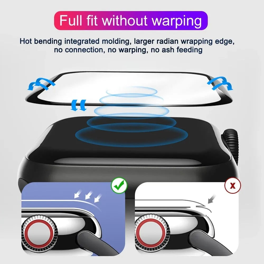 PMMA curved full screen protective film for Apple Watch in transparent black, sizes 38mm to 49mm