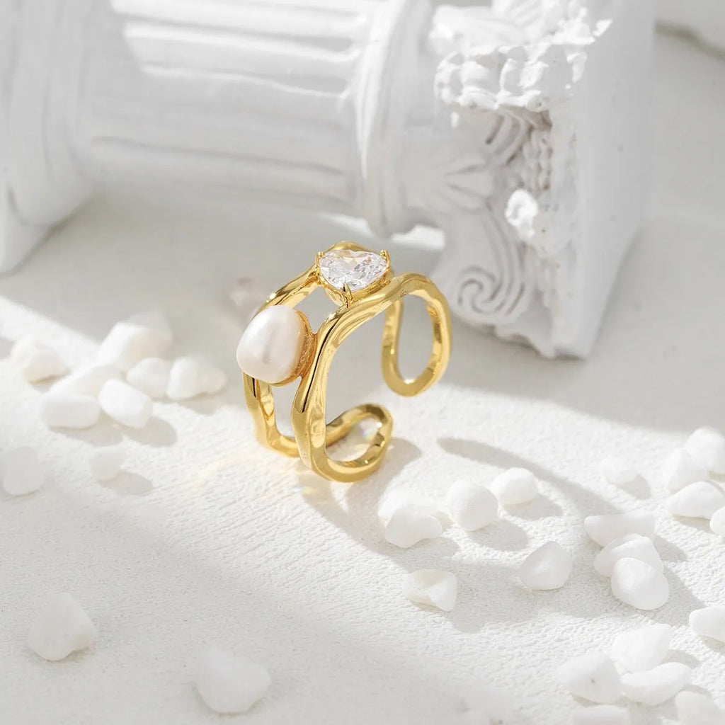 Natural pearl ring with adjustable open mouth design in 14k real gold colour finish on copper base
