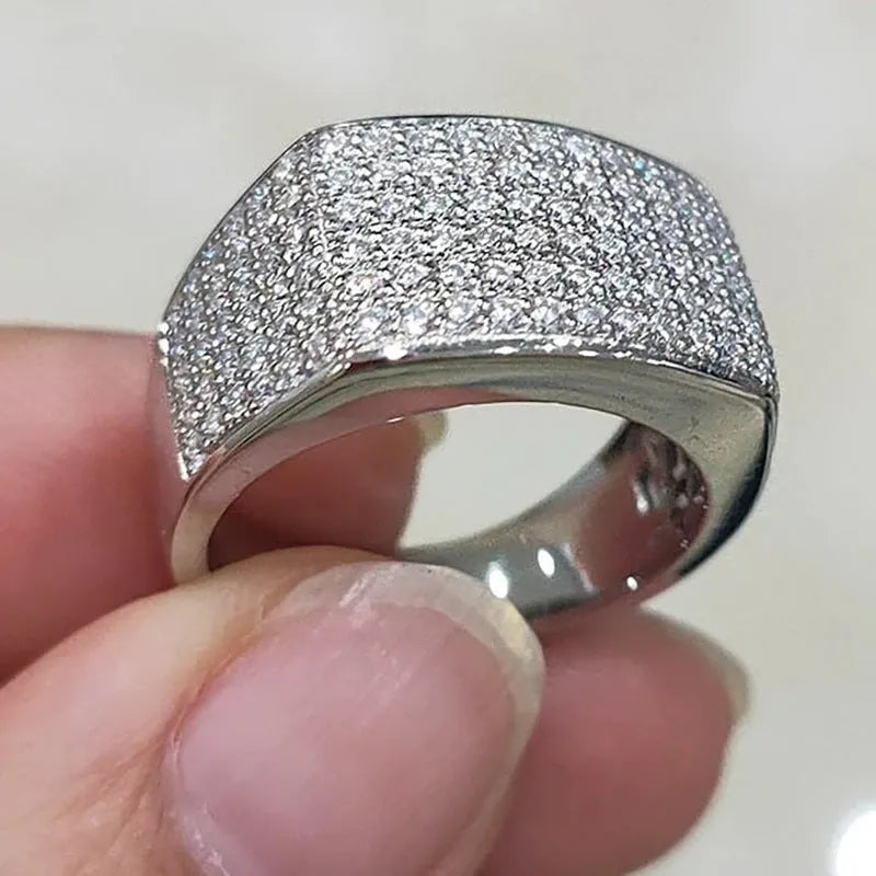 Micro-inlaid starry copper ring white gold colour with round zircon geometric unisex design