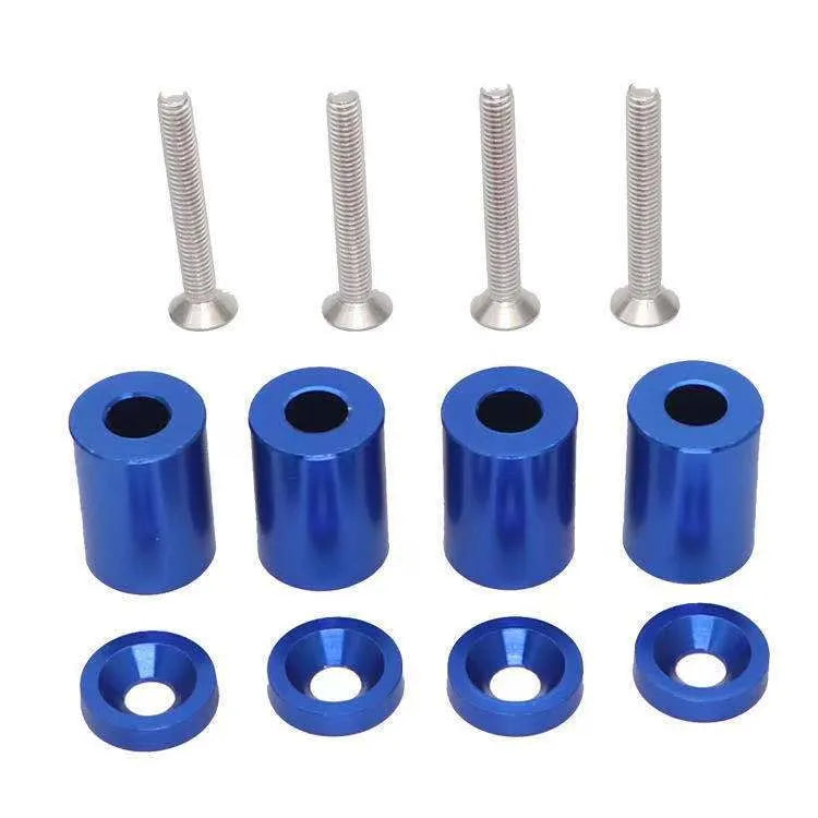 Aluminium engine cover spacer kit with screws, nuts and washers in black, blue and red colours