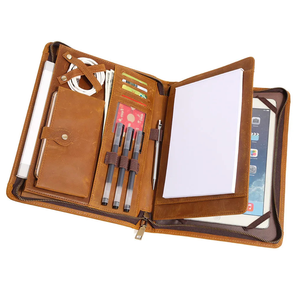 Genuine leather cowhide laptop protective case in brown with stitching and zipper closure