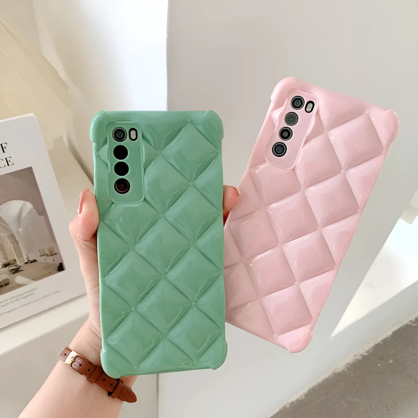 Huawei silicone phone case with diamond texture pattern in black, green, pink or white colour