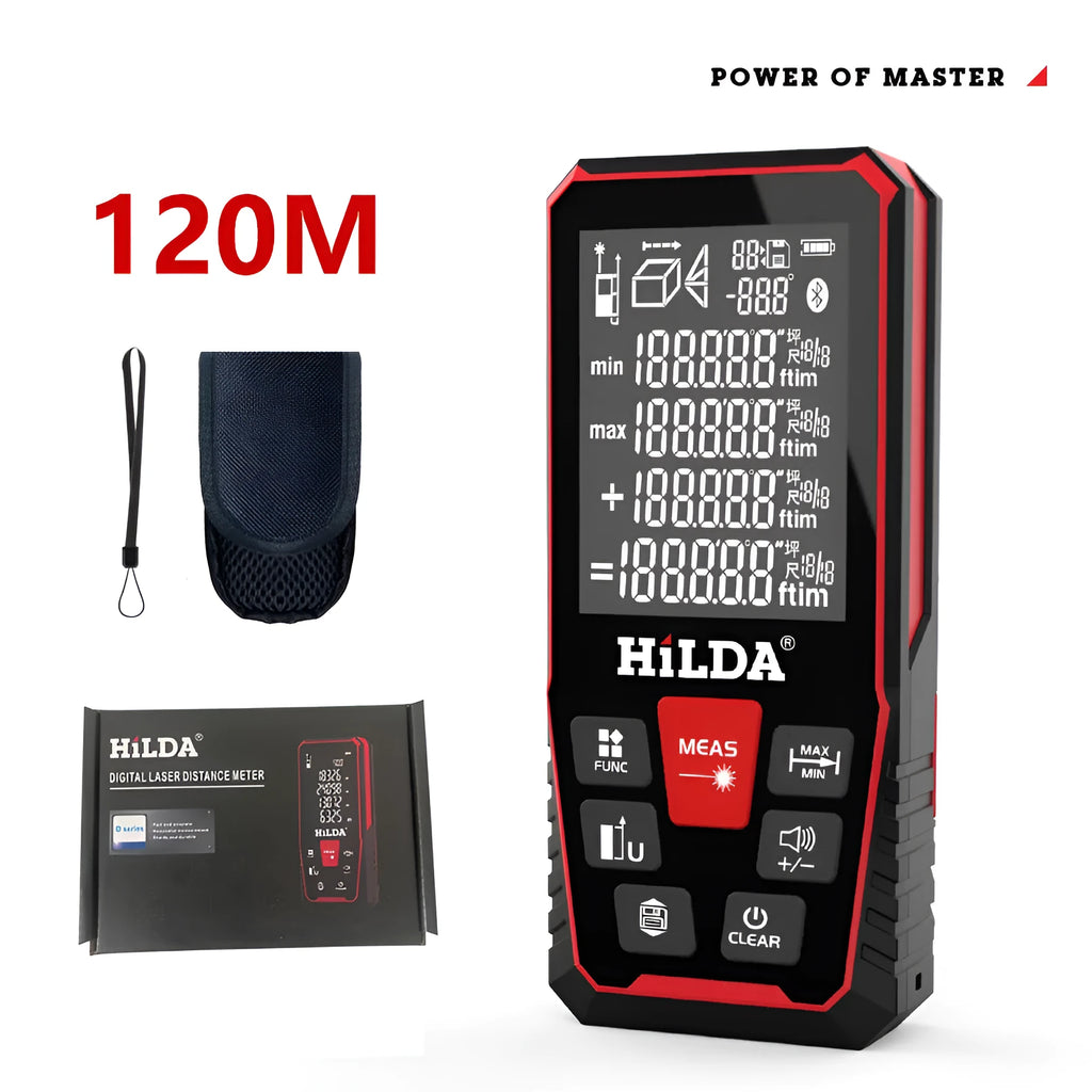 Handheld plastic laser rangefinder for distance measurement up to 120 metres.