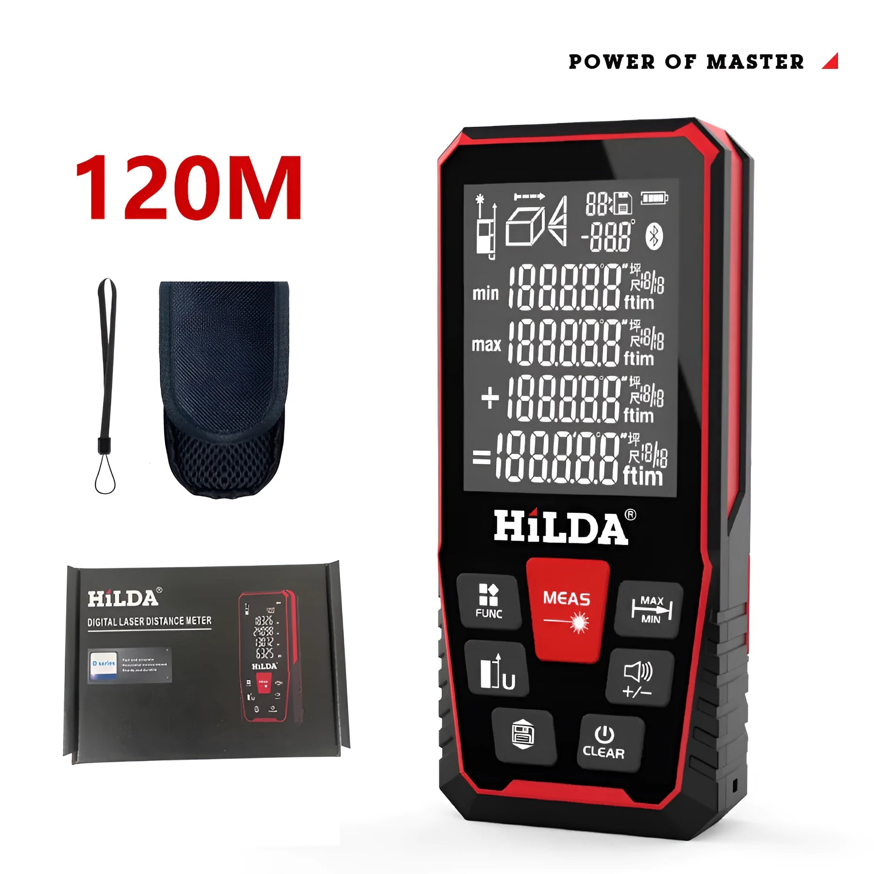 Handheld plastic laser rangefinder for distance measurement up to 120 metres.