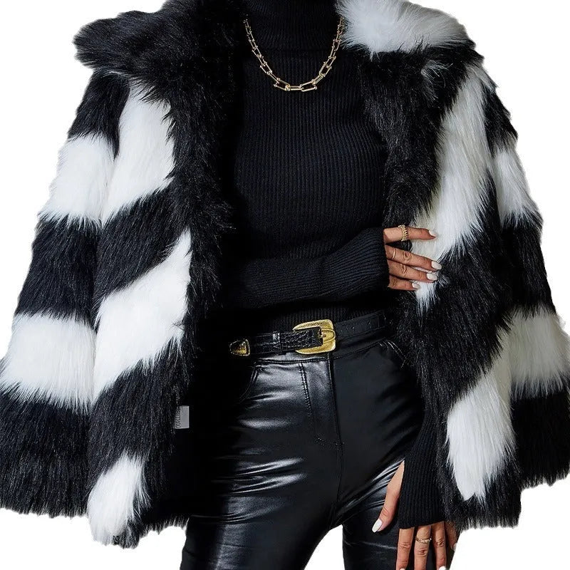 Faux fur coat with contrast lapels and matching fur collar showing 50cm length