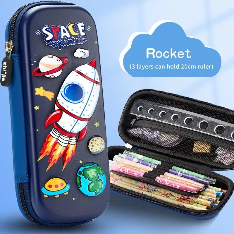 3D leather pencil case showing multiple design options including space, fantasy and animal themes
