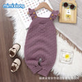 Infant sleeveless knitted romper jumpsuit with double-breasted closure and flounced sleeves in apricot