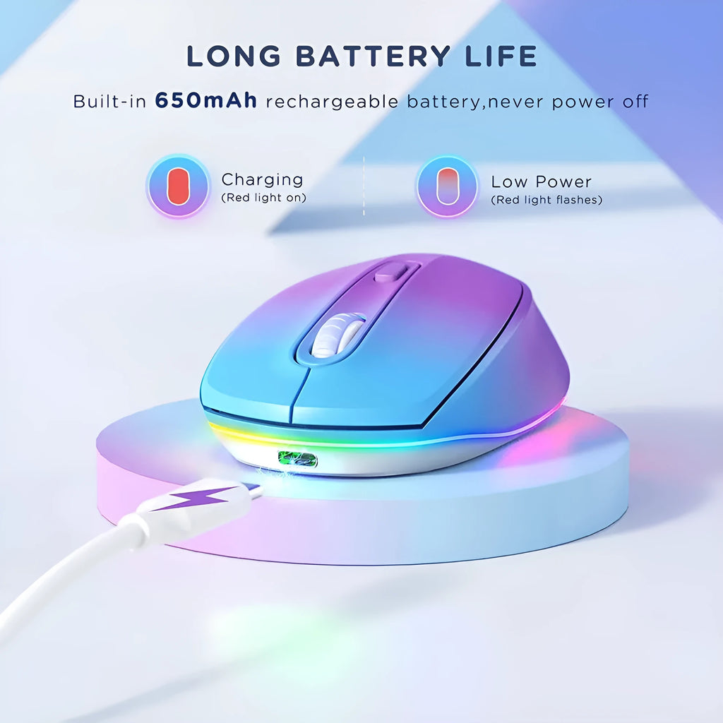 Lightweight 24g wireless rechargeable mouse in multiple colours next to its USB charging cable