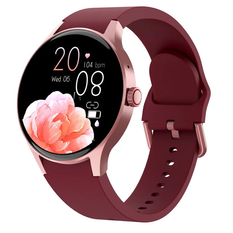 Round smartwatch with colour touchscreen display showing fitness data on wrist