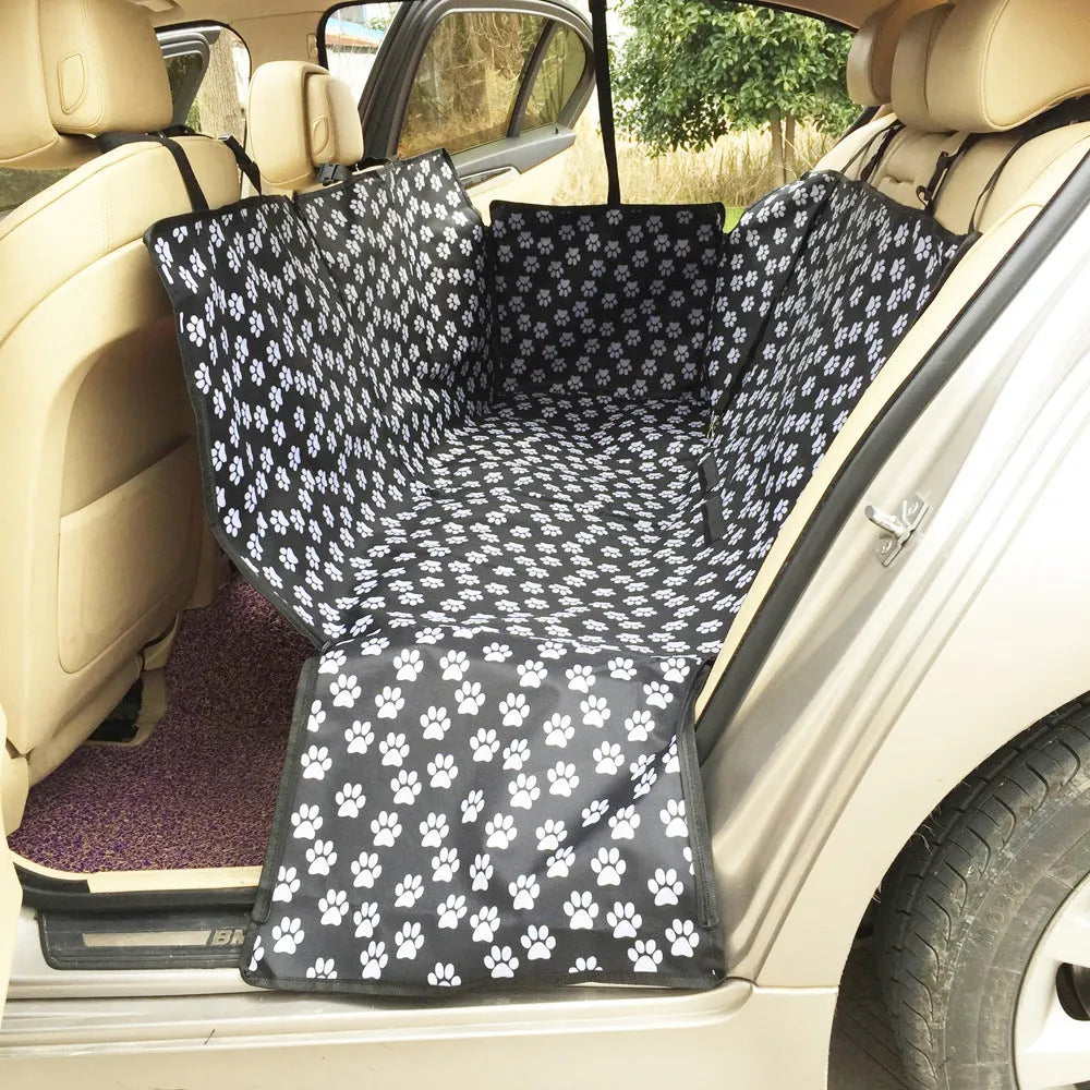 Black cat paw print polyester dog car rear seat cushion, 130cm x 145cm x 40cm, two-seater pet cushion