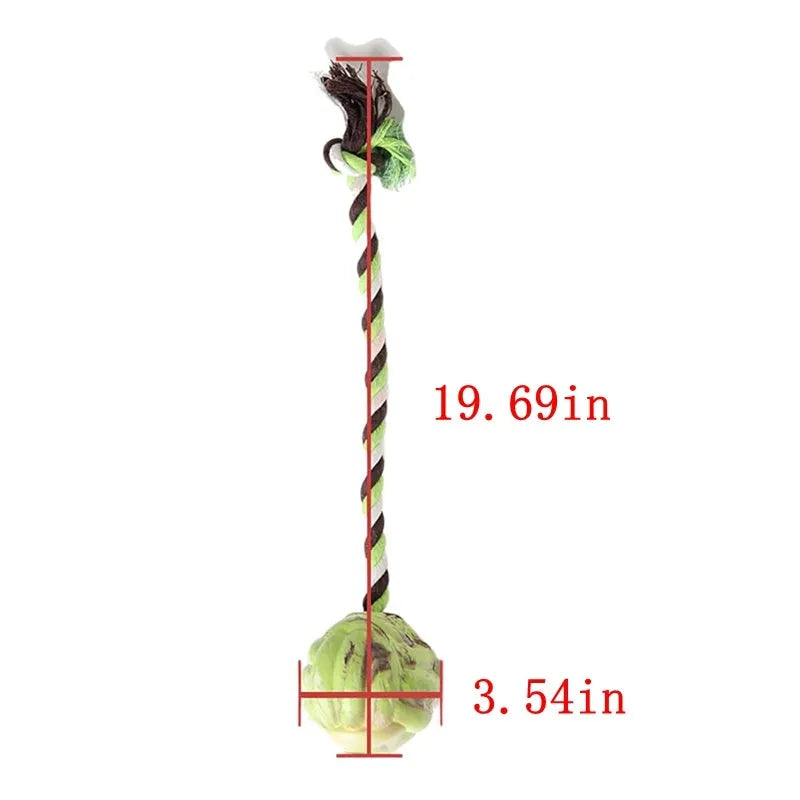 Ball knot dog toy with rubber ball and long rope for tug-of-war, available in Big and Small sizes.