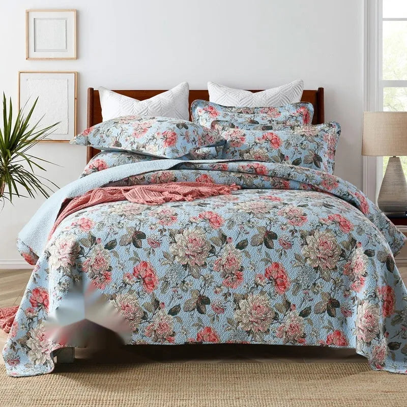 Pure cotton bedspread three-piece set with geometric pattern, showing bedcover and pillowcases.