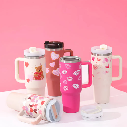 40 oz insulated stainless steel tumbler with handle straw and spill proof lid in a tapered design for car or gym use