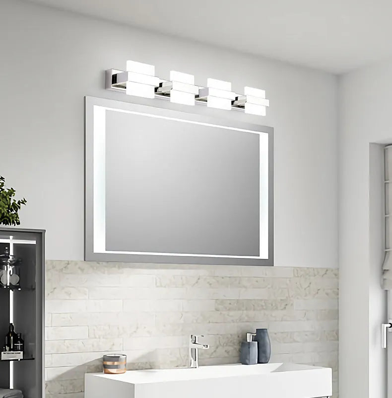 Stainless steel moistureproof mirror front lamp with LED neutral light, shown in 12cm to 68cm sizes with 1 to 4 heads.