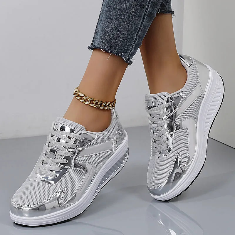 Women's gold mesh sports shoes with cross strap and waterproof platform sole