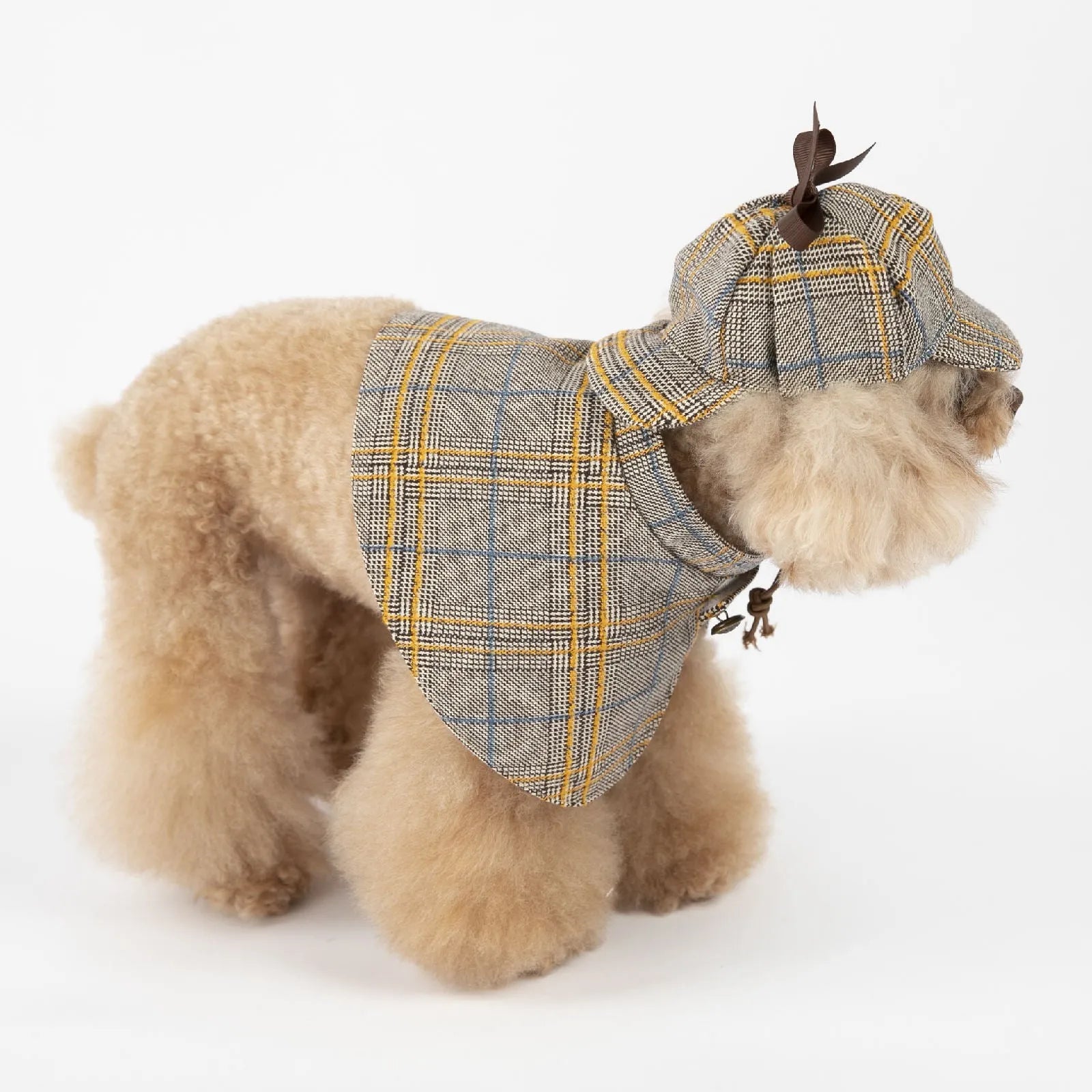 Camel-coloured cotton cloak pet clothes with an adjustable hat, shown on a mannequin.