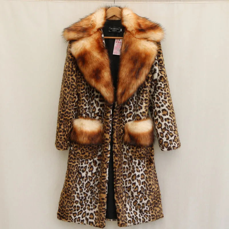 Women's long artificial fur jacket in leopard print, showing front view with regular sleeves.