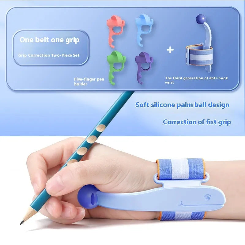 Blue anti-hook wrist brace corrector for handwriting posture and pencil grip training
