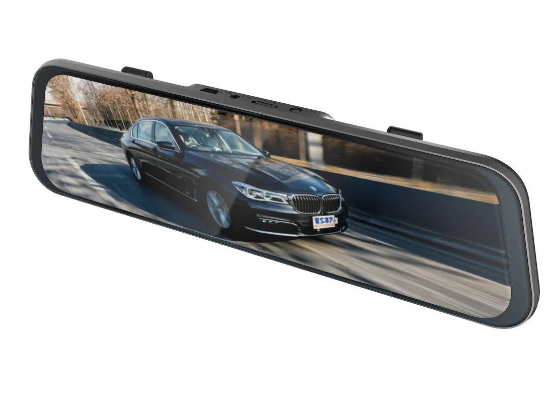 Black rearview mirror style driving recorder with large touch screen display mounted in a car