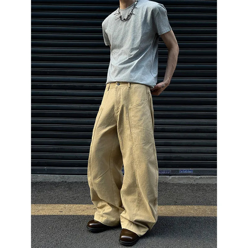 Men's khaki cotton trousers with straight leg cut and American retro styling on hanger