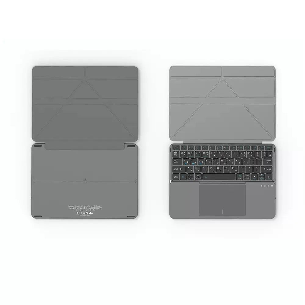Grey wireless Bluetooth folding keyboard shown both open for use and folded for storage