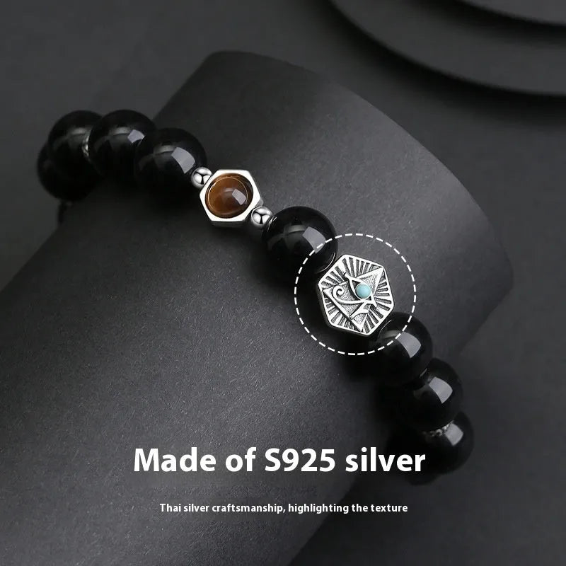 Men's retro-style S925 sterling silver bracelet with an inlaid 8mm God's Eye obsidian stone.