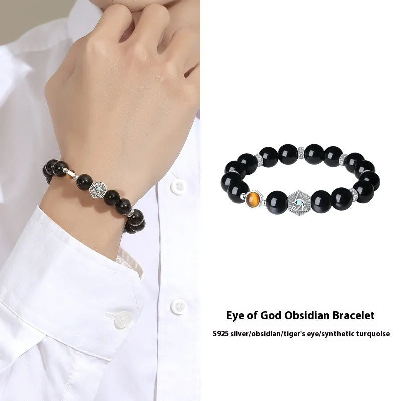 Men's retro-style S925 sterling silver bracelet with an inlaid 8mm God's Eye obsidian stone.