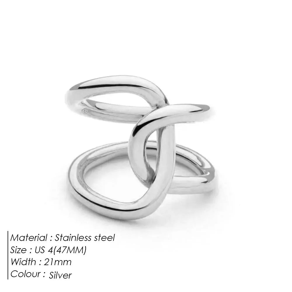 Adjustable open knot ring for women in stainless steel, showing geometric U-shape design in gold or steel colour.